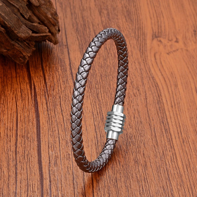 Simple Champagne Color Weave Leather Men Industrial Wind Stainless Steel Buckle Bracelet for Women High Quality Jewelry Gray Rope-White