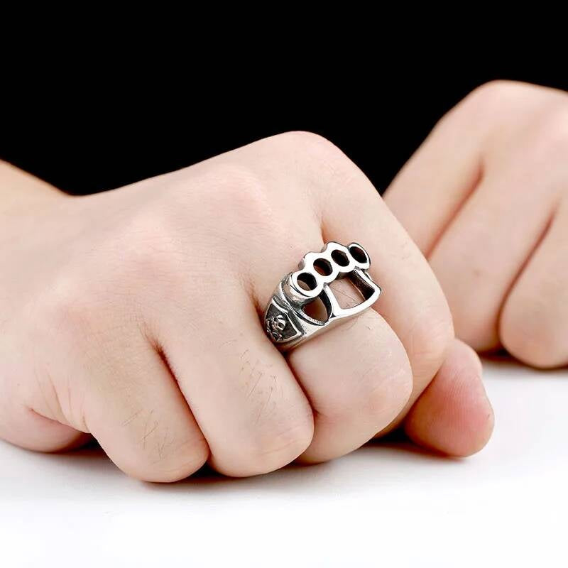Brass Knuckle Skull Ring – Stainless Steel Biker Punk Streetwear Jewelry