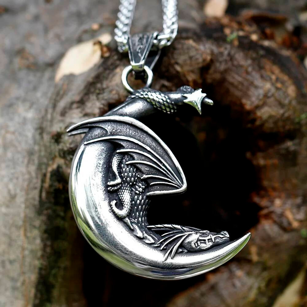 Dragon Moon Pendant Necklace – Stainless Steel Fantasy Jewelry