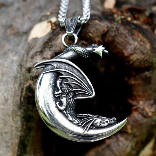 Dragon Moon Pendant Necklace – Stainless Steel Fantasy Jewelry