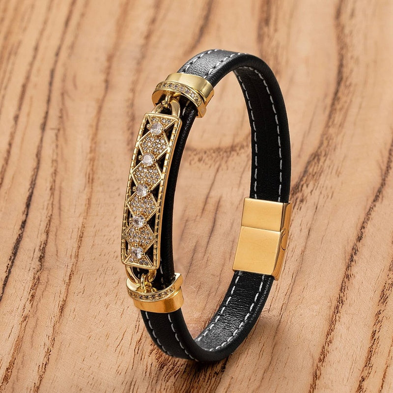 Men's Black Leather Diamond Accent Bracelet for Elegant Gifts Gold-B