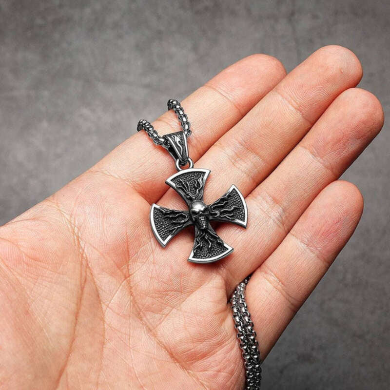 316L Stainless Steel Iron Cross Skull Pendant Necklace
