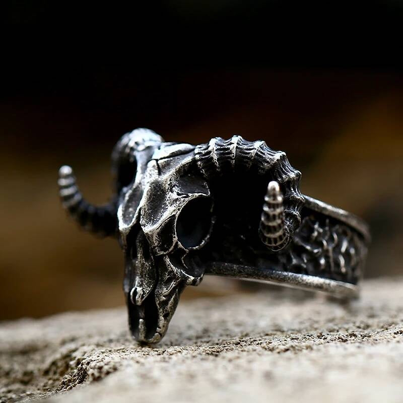 Skull and Ram Horn Ring - Gothic Stainless Steel Men's Biker Jewelry D STYLE