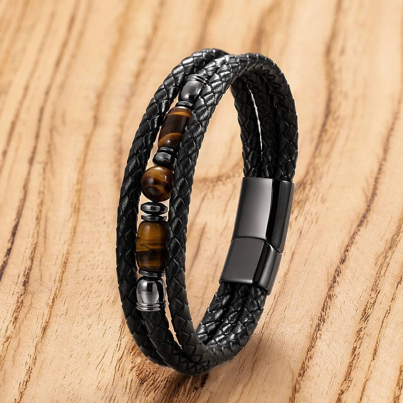 Black Braided Leather Bracelet with Green Jade Beads - Stylish Multi-Layer Magnetic Clasp Jewelry for Casual Wear and Gifts Style-C