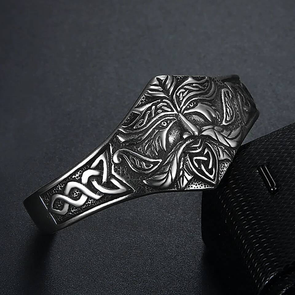 Celtic Green Man Bracelet – Norse Pagan Stainless Steel Cuff Bangle