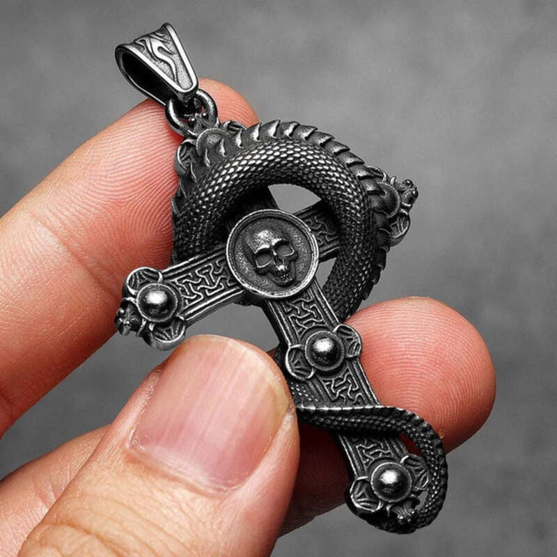 316L Stainless Steel Serpent Sword Cross Pendant Necklace with Gemstones