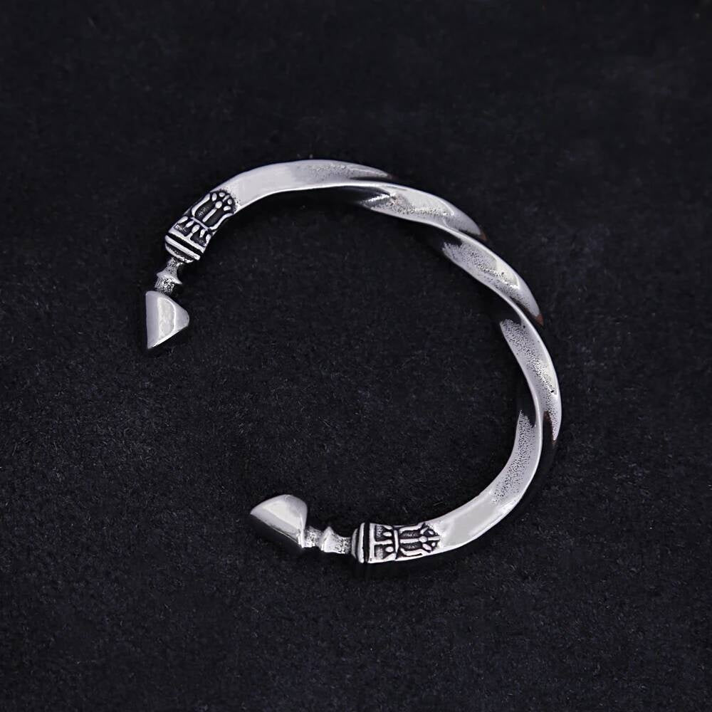 Vintage Twisted Stainless Steel Cuff Bracelet – 316L Silver Bangle with Carved End Details