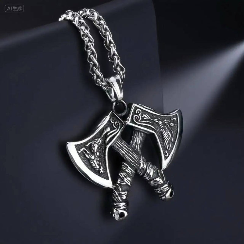 Viking Battle Axes Pendant Necklace – Norse Symbol of Strength and Warrior Spirit 60cm Chain