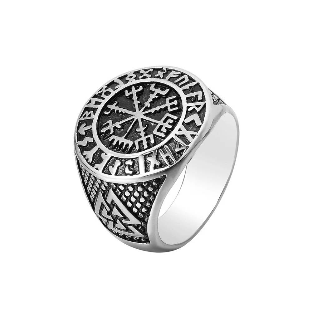 Vintage Viking Compass & Valknut Ring – 316L Stainless Steel Amulet Band Style A