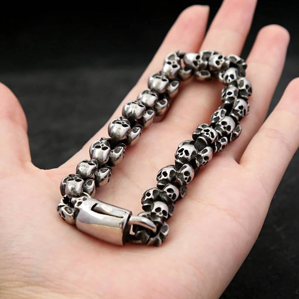 Double Layer Skull Bracelet for Men Gothic Punk Rock Heavy Metal Jewelry 316L Stainless Steel Biker Chain