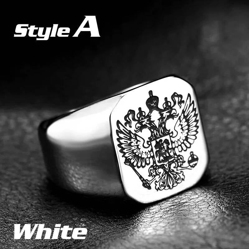 Russian Coat of Arms Signet Ring – Polished 316L Stainless Steel Biker Band A style white