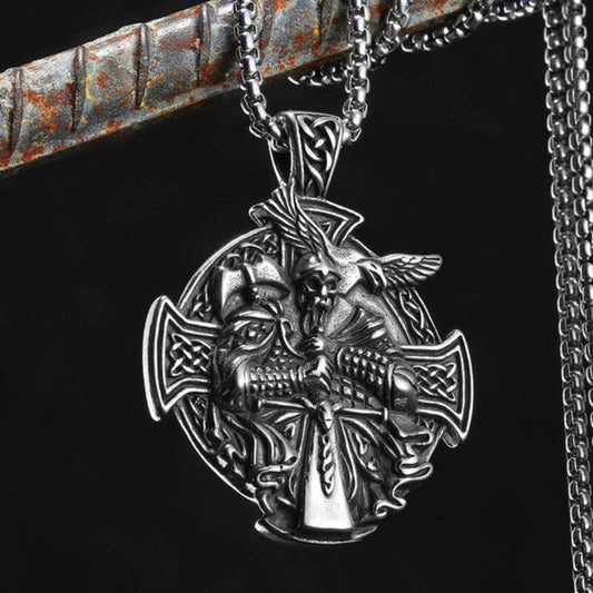 Viking Raven Warrior Cross Pendant Necklace – 316L Stainless Steel Norse Amulet
