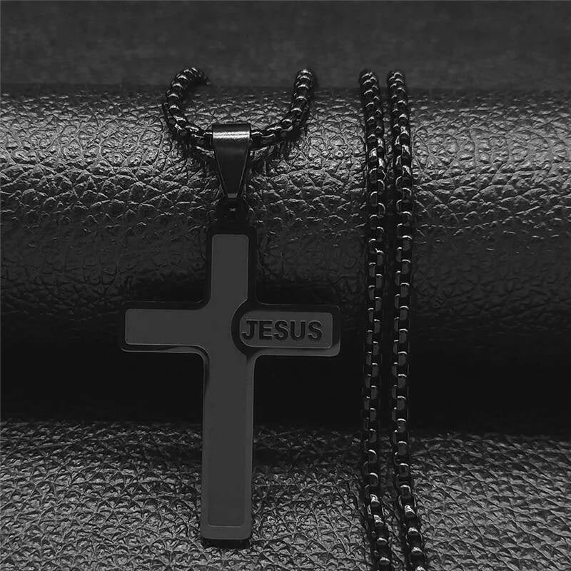 Stainless Steel Jesus Cross Pendant Necklace For Men Jewelry Accessories Black Yellow White Color Black