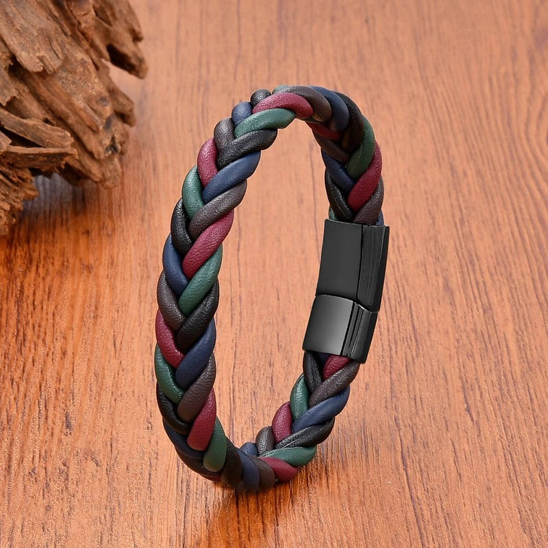 Retro Punk Style Men Gift Jewelry Braided Leather Rope Bracelets Stainless Steel Magnetic Buckle Personalized Bracelet Style B-Black
