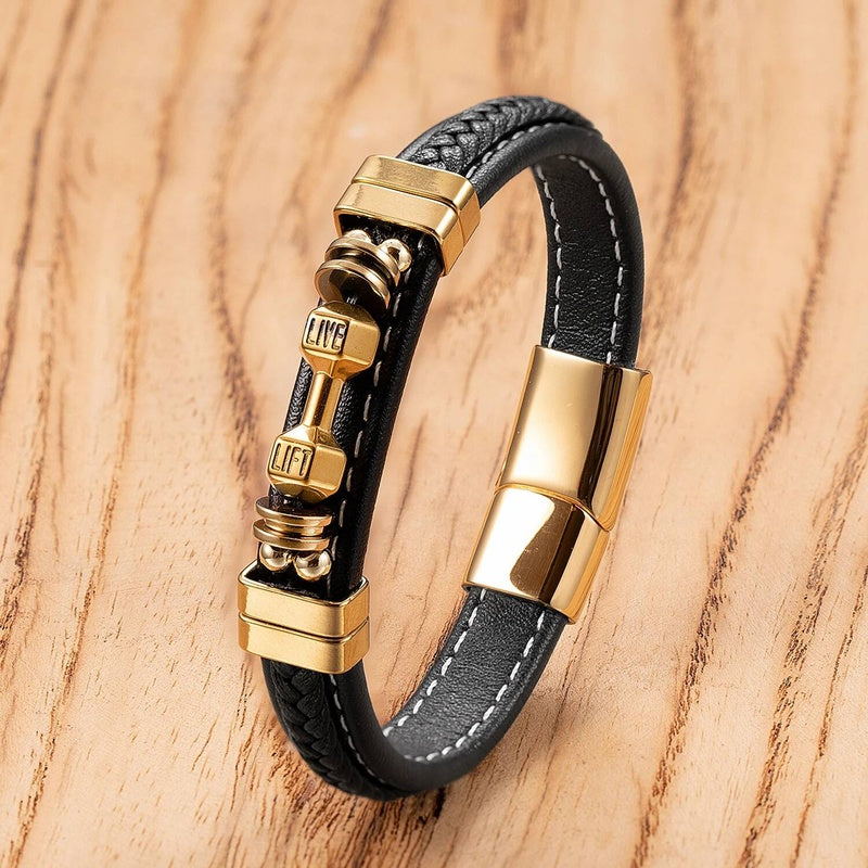 Weave Leather Dumbbell Shape Special Popular Pattern Men's Bracelet for Men Stainless Steel Jewelry Accessories Party Gift White-A