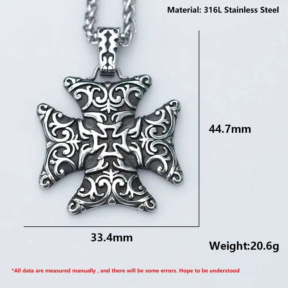 Maltese Cross Pendant – Ornate Stainless Steel Necklace of Strength and Courage