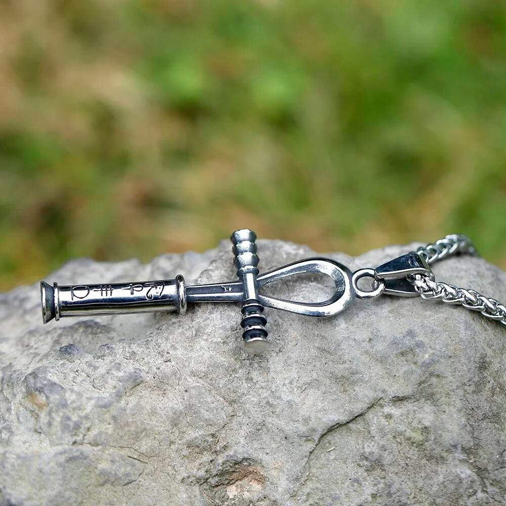Ankh Cross Pendant Necklace, Silver Egyptian Jewelry with Hieroglyphic Detail