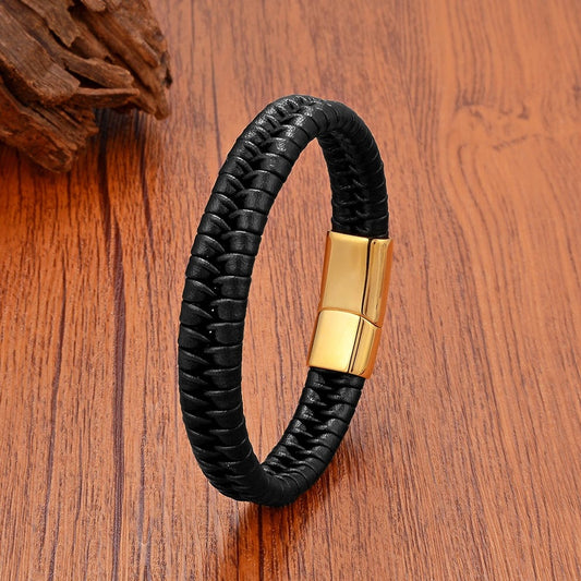 Simple Classic Stainless Steel Magnet Bracelets Man Jewelry Handmade Woven Leather Couple Bracelet Bangles for Women Accessories Gold