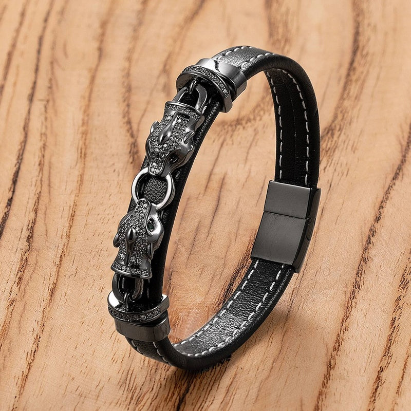 Style Classic Animal Leopard Head Hand Leather Braided Stainless Steel Bracelet For Man Woman Daily Wear Jewelry Gift Black-A