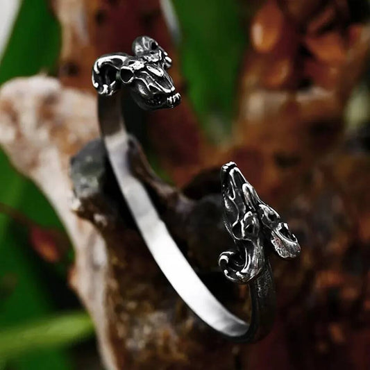 Viking Wolf Head Open Bangle – Stainless Steel Norse Bracelet