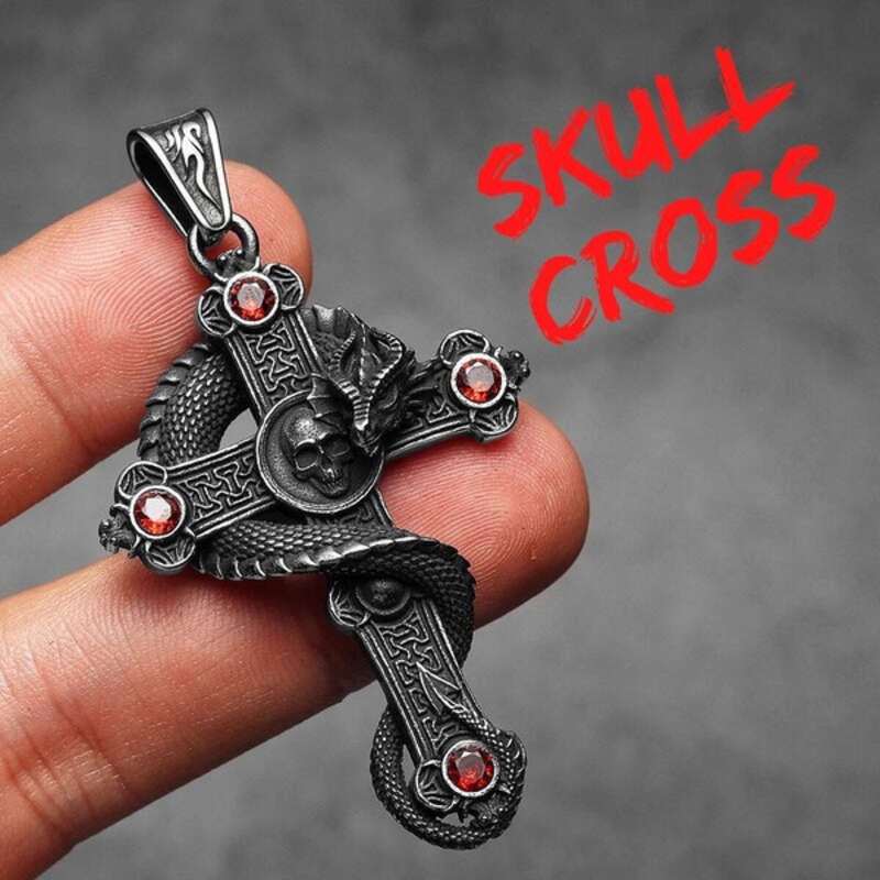 316L Stainless Steel Serpent Sword Cross Pendant Necklace with Gemstones N1362-Only Pendant-R