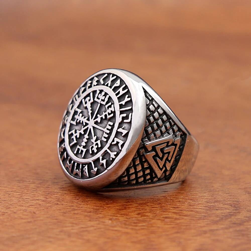 Vintage Viking Compass & Valknut Ring – 316L Stainless Steel Amulet Band