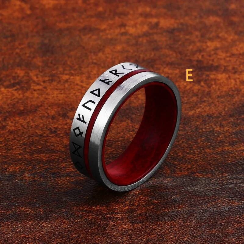 316L Stainless Steel Norse Rune Ring Red Vintage Viking Band