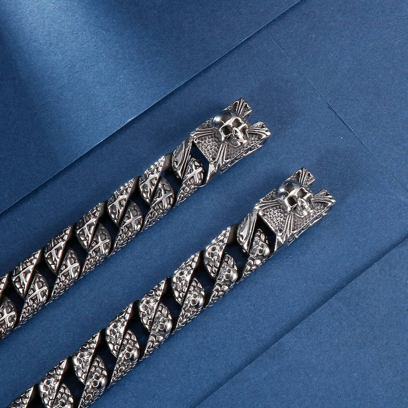 Stainless Steel Serpentine Ghost Skull Cuban Curb Link Chain Bracelet For Men Male Hollywood Gift