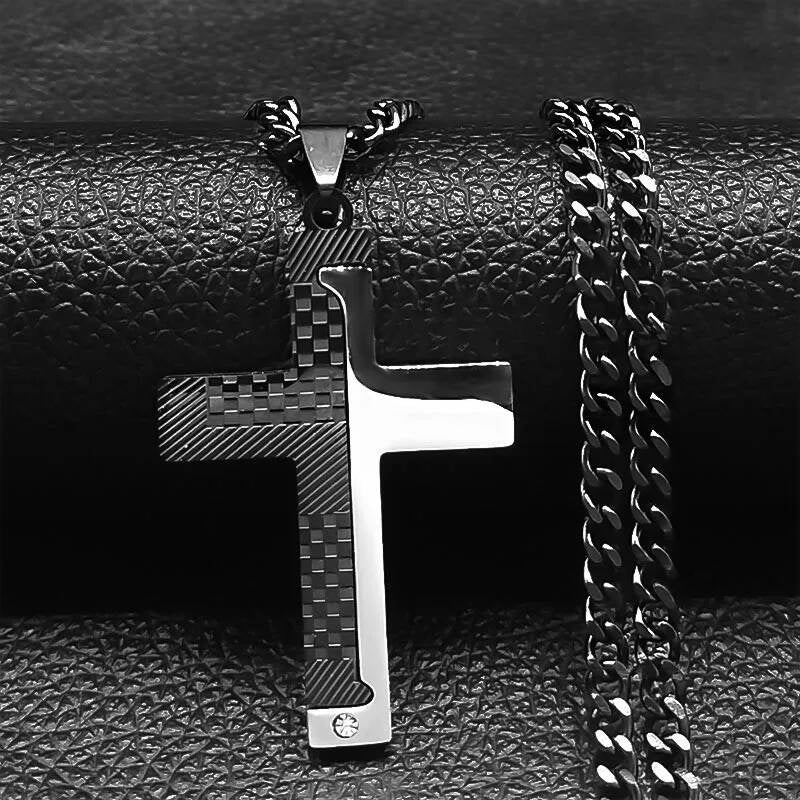 Cross Necklace For Men Stainless Steel Pendant Cuban Chain Male Jewelry Accessories Black Cross