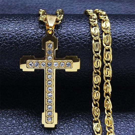 Stainless Steel Zircon Cross Necklace Pendant For Men Women Jewelry Accessories Gold Cross