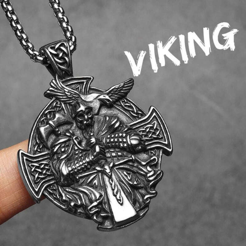 Viking Raven Warrior Cross Pendant Necklace – 316L Stainless Steel Norse Amulet N1473-60cm chain