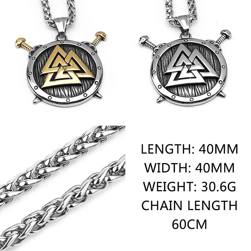Viking Shield Pendant Necklace – Valknut, Swords, Stainless Steel Viking Jewelry