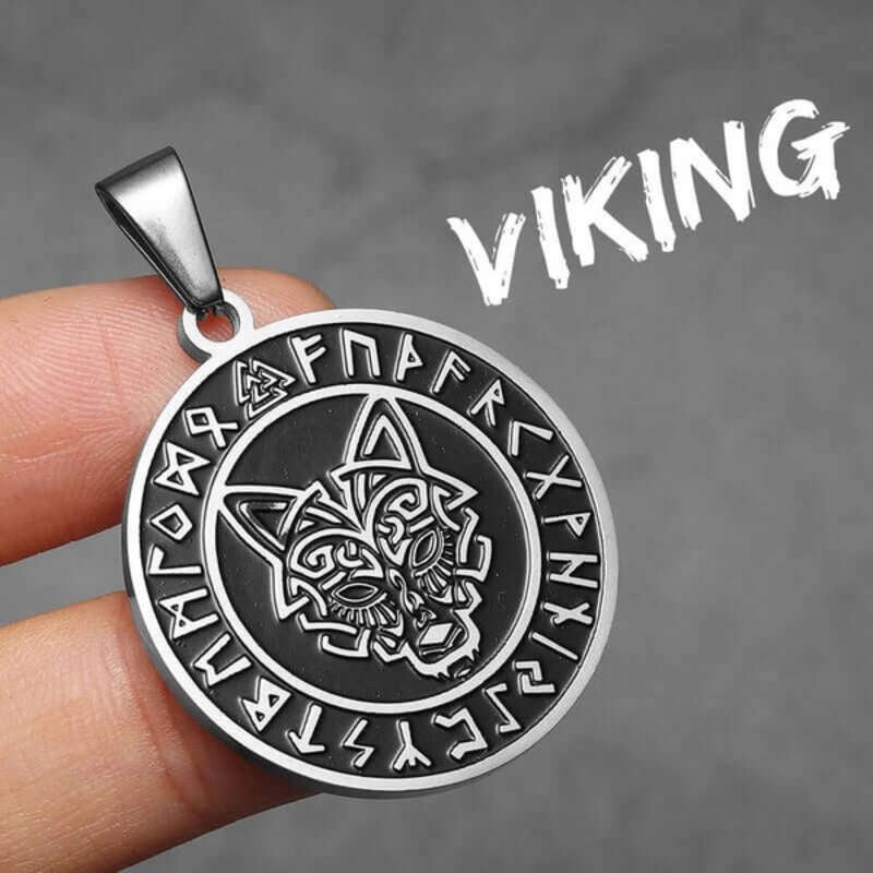 Men’s Viking Wolf Head Rune Pendant Necklace – 316L Stainless Steel Norse Amulet N1501-Only Pendant-S