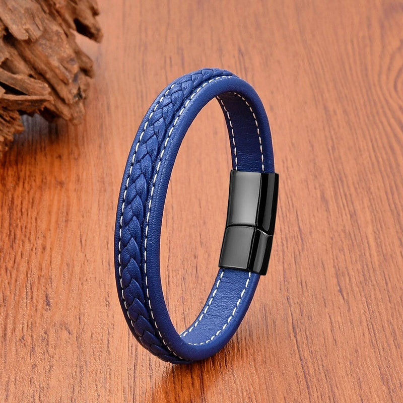 Vintage Men Europe and America Stainless Steel Magnet Open Bangle Multi-Size Woven Leather Hand Rope Classic Party Gift Present Style D-Black