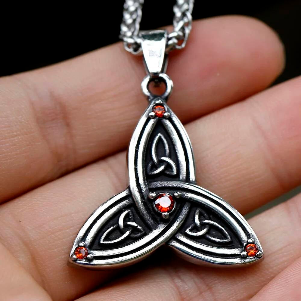 Celtic Triquetra Pendant with Red Stones – Silver Trinity Knot Necklace