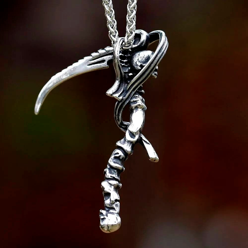Scythe Pendant Necklace, Gothic Silver Jewelry with Grim Reaper Symbolism