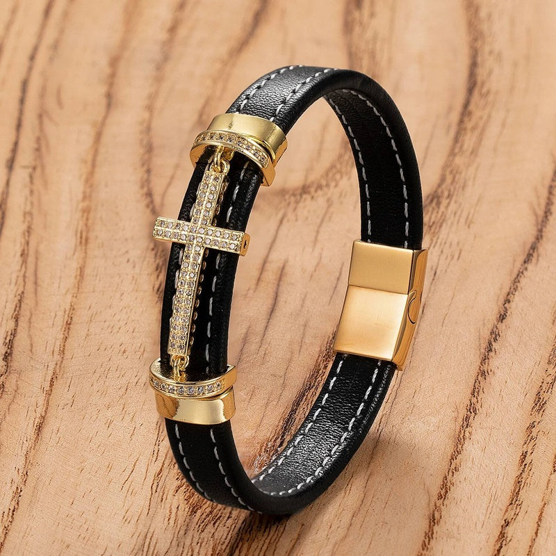 Black Leather Cross with Diamond Bracelet for Faith Gifts Gold-F