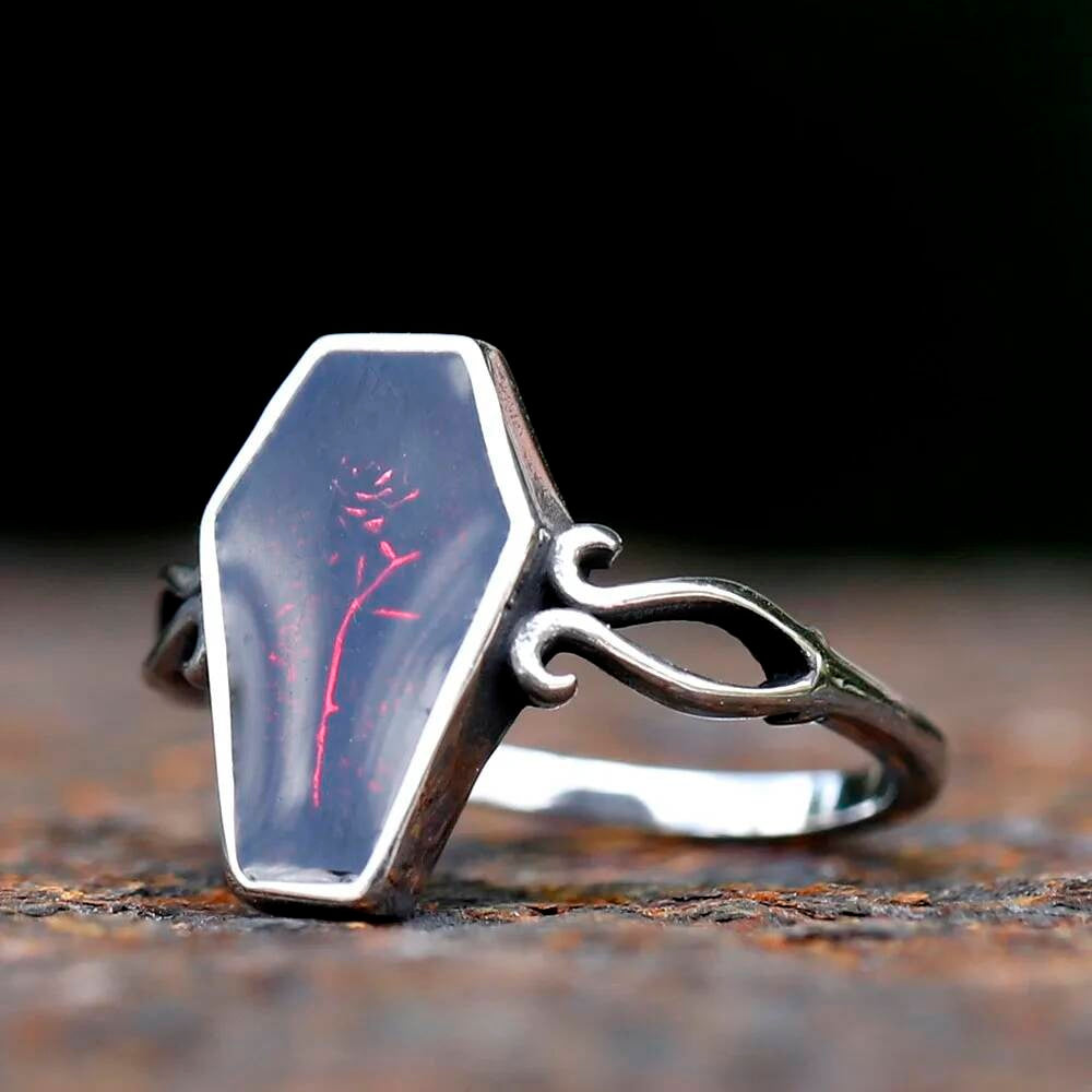 Coffin Flower Resin Ring - Gothic Stainless Steel Unisex Biker Jewelry Gift