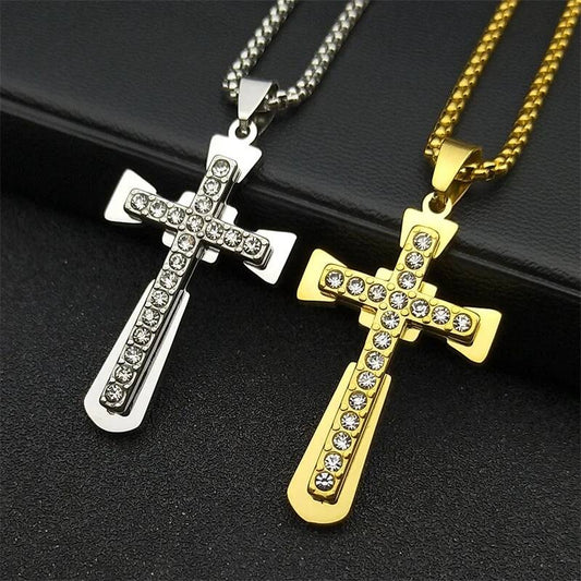 316L Stainless Steel Zircon Cross Chain Necklace Pendant For Men Women Religious Jewelry Accessory Gift