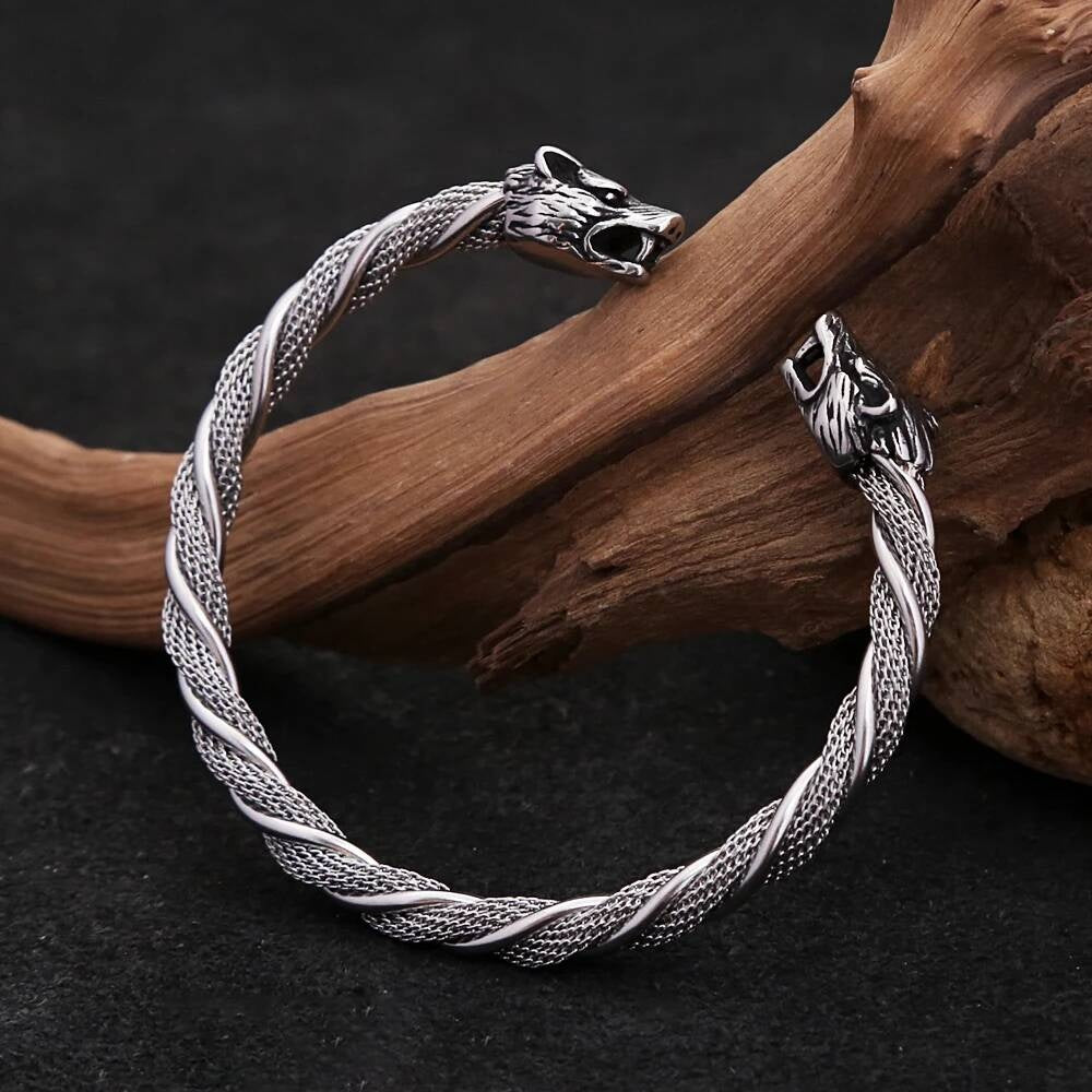 Wolf Head Stainless Steel Bangle – Viking Norse Open Cuff Bracelet