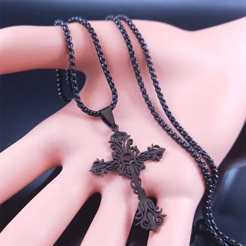 Goth Black Cross 316L Stainless Steel Pendant Chain Necklace For Men Women Jewelry Accessories