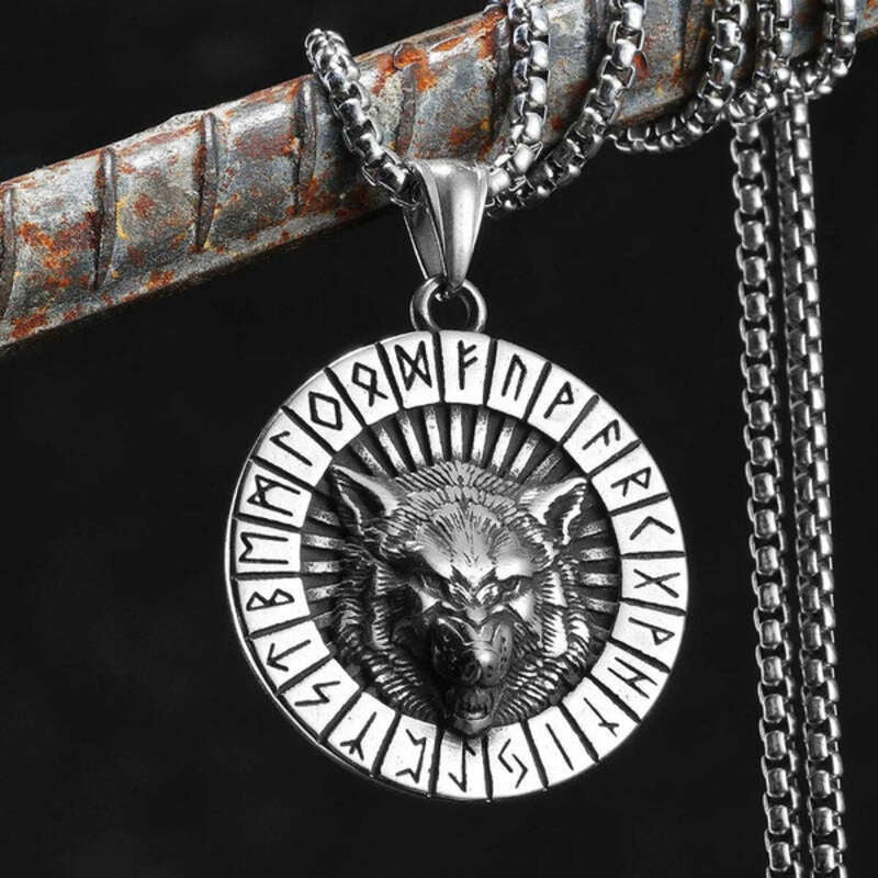 316L Stainless Steel Viking Wolf Rune Pendant Necklace – Norse Fenrir Amulet
