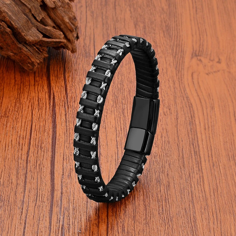 Summer Jewelry,Men's Vintage Hand-Woven Leather Cuff Bracelet,Charm Stainless Steel Magnetic Bracelet for Men, Pulsera Hombre Black Gun Plated