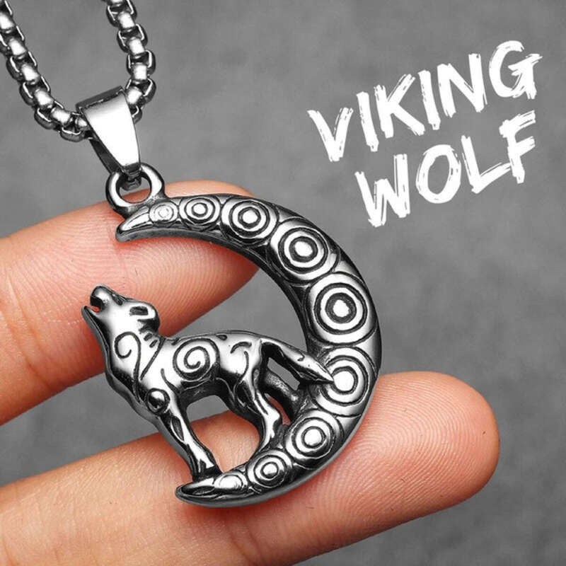Howling Wolf and Moon Pendant Necklace, Tribal-Inspired Silver Jewelry with Spiraled Design N1509-60cm chain