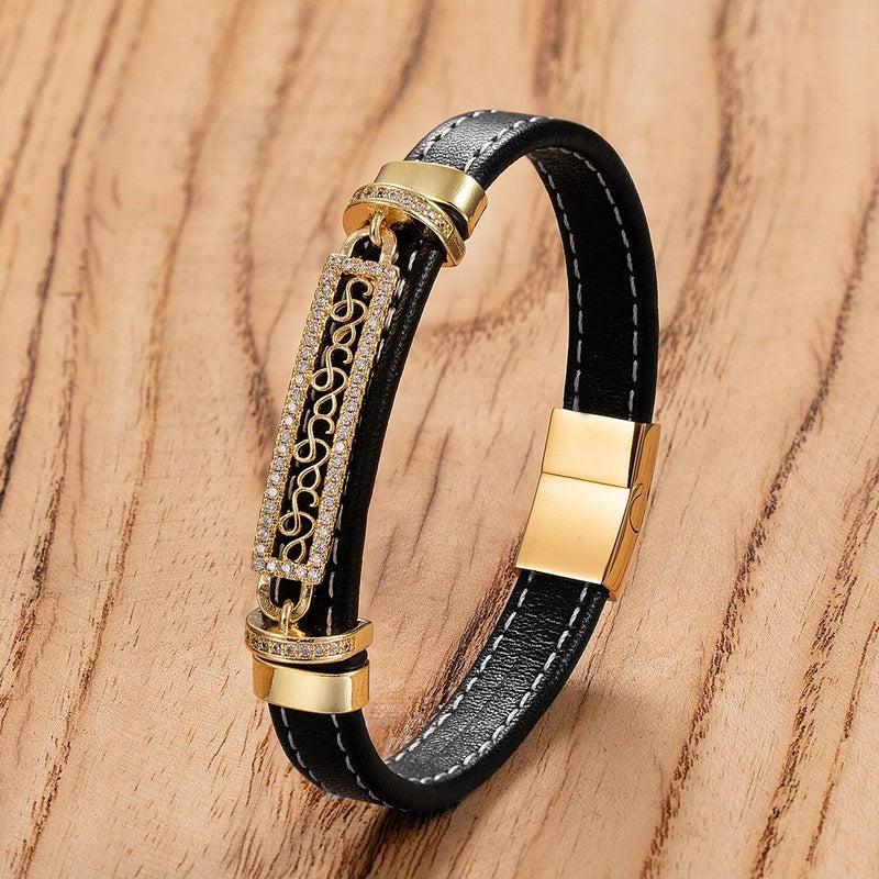 Men's Black Leather Diamond Accent Bracelet for Elegant Gifts Gold-F