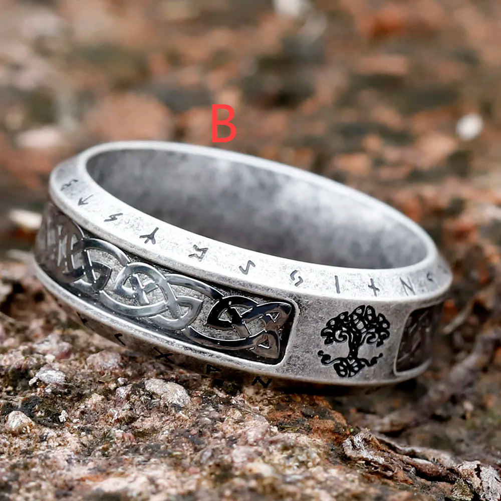 Rune-Enscribed Tree of Life Ring – 316L Stainless Steel Viking Amulet