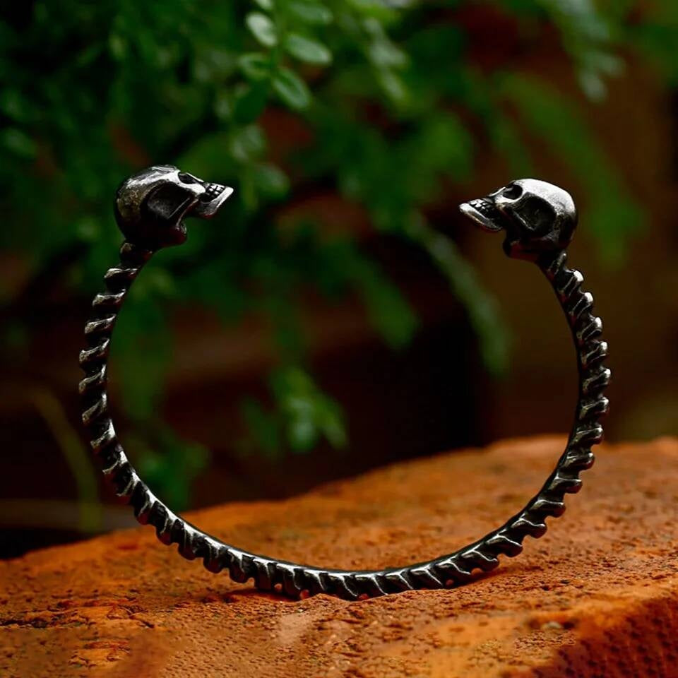 Double Skull Open Cuff Bracelet for Men Gothic Punk Rock Biker Jewelry 316L Stainless Steel Spine Design Style A