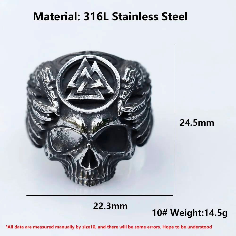 Skull & Valknut Amulet Ring – 316L Stainless Steel Gothic Viking Punk Jewelry