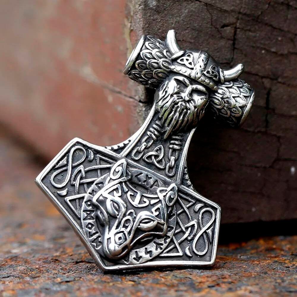 Viking Thor’s Hammer Pendant Necklace, Silver Norse Jewelry with Wolf Design
