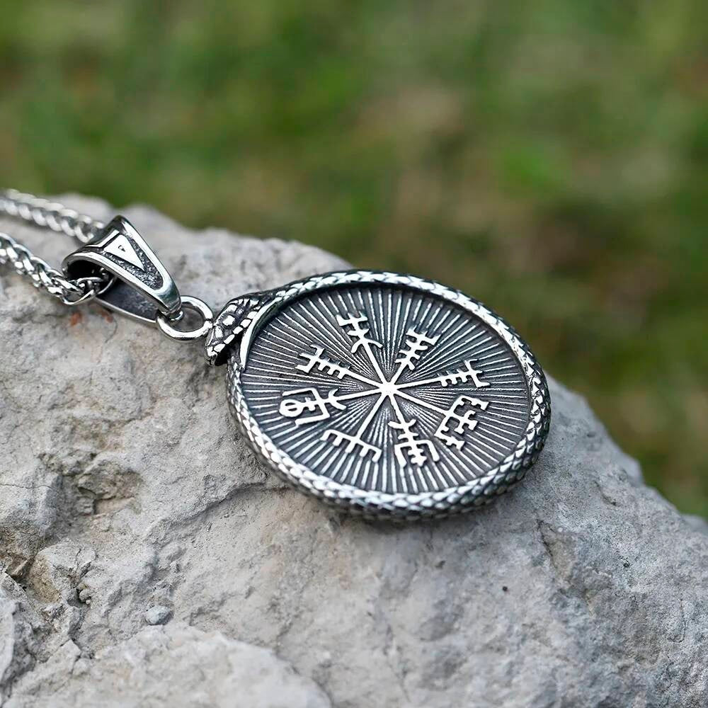 Viking Ouroboros Pendant – 316L Stainless Steel Snake and Rune Necklace